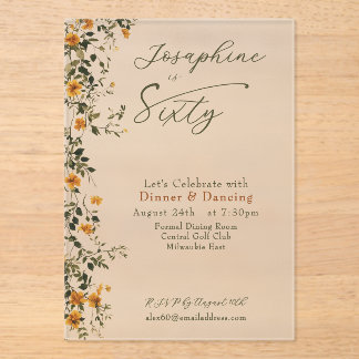 Elegante goldene Wildblume zum sechzigsten Geburts Acryleinladungen