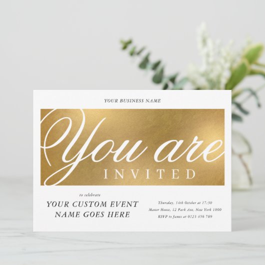 Elegante Goldene Wohltätigkeit Gala Abendessen Bus Einladung (Stehend Vorderseite)