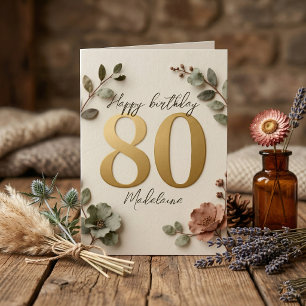 Elegante Goldene Zahl Botanisch Floral 80. Geburts Karte