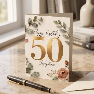 Elegante Goldene Zahlen Botanisch 50. Geburtstagsk Karte