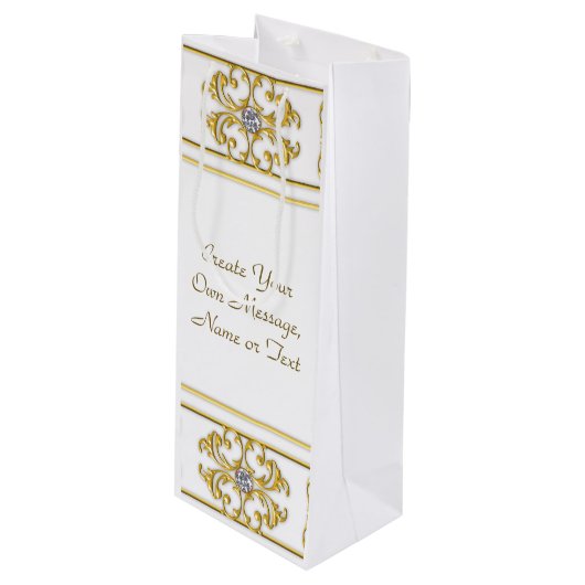 Elegante goldene Ziergrenze mit Diamantakzent Geschenktüte Für Weinflaschen (Vorderseite Schrägansicht)