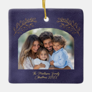 Elegante goldene Zweige Bogen Foto Blau Keramikornament
