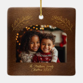 Elegante goldene Zweige Bogen Foto Braun Keramikornament (Rückseite)