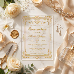 Elegante goldfarbene Acryl-Quinceañera-Einladung Acryleinladungen