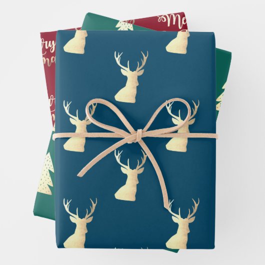 Elegante goldfarbene, blaue Weihnachtsmuster Geschenkpapier Set (Beispiel)