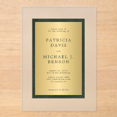 Elegante goldfarbene, dunkelgrüne Rahmenhochzeit Acryleinladungen (Vorderseite)