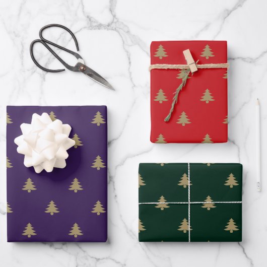 Elegante goldfarbene lila-grüne Weihnachtsbaumen Geschenkpapier Set (Vorderseite)