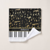 Elegante, goldfarbene Musiknoten Klaviertasten Badhandtuch Set (Waschlappen)