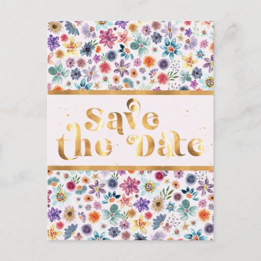 Elegante, goldfarbene Wildblume Save the Date Postkarte (Vorderseite)