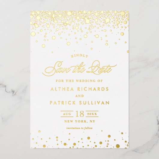 Elegante Goldfoil Confetti Dots Save the Date Folieneinladung (Vorderseite)