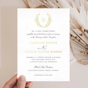 Elegante Goldfoil Wappen Leaf Monogram Wedding Folieneinladung