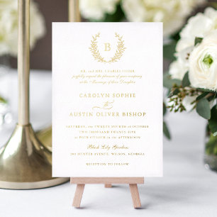 Elegante Goldfoil Wappen Leaf Monogram Wedding Folieneinladung