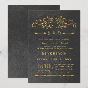 Elegante Goldfolie-Blüten Schwarze Hochzeitseinlad Einladung