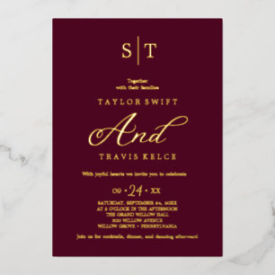 Elegante Goldfolie   Burgunder-Monogramm-Hochzeit  Folieneinladung