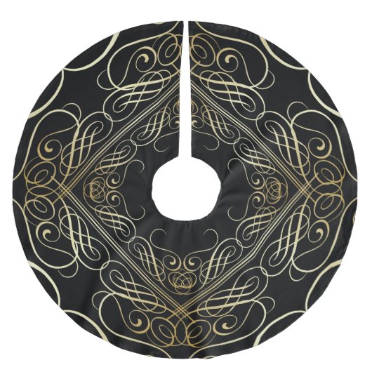 Elegante Goldfolie Filigree Scrollwork Black Polyester Weihnachtsbaumdecke (Vorderseite)