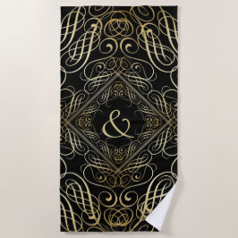Elegante Goldfolie Filigree Scrollwork Black Strandtuch