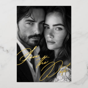 Elegante Goldfolie Kalligrafie Foto Save-the-Date- Folieneinladung