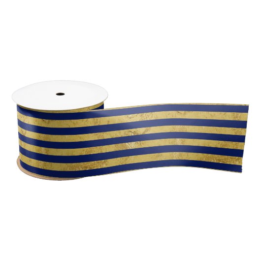 Elegante Goldfolie und blauer Streifen-Muster Satinband (Spule)