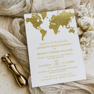 Elegante Goldfolie-Weltkarte Hochzeit Einladung