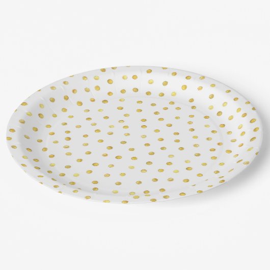 Elegante Goldfolieconfetti-Punkte Pappteller (Schrägansicht)