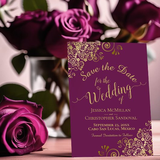 Elegante Goldfrille auf Magenta Lila Wedding Save The Date