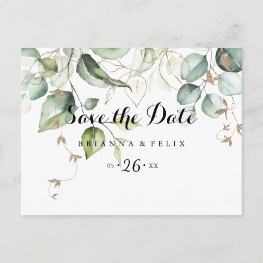 Elegante Goldgrün Horizontal Save the Date Postkarte (Vorderseite)