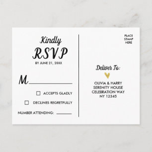 Elegante Goldherz-Weiß-Schwarz-RSVP-Postkarte Postkarte