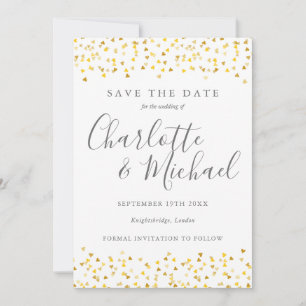 Elegante Goldherzen-Konfetti-Signatur-Schrift Save The Date