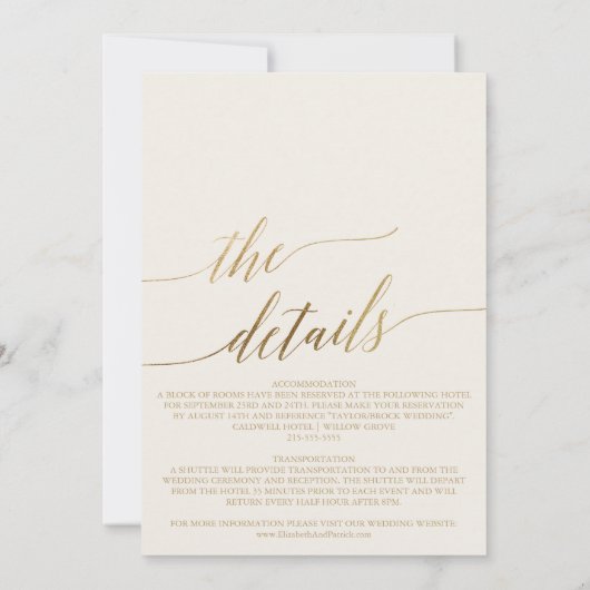 Elegante Goldkalligrafie Elfenbein auf einer Hochz Einladung (Rückseite)