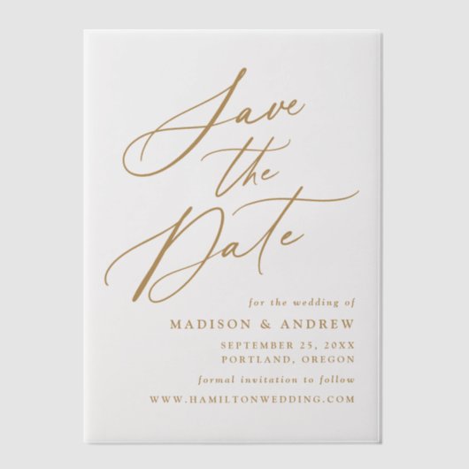 Elegante Goldkalligrafie Hochzeit speichern Sie da Pergament Einladungen (Vorderseite)