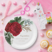 Elegante Goldkalligrafie Rote Blumenhochzeit Pappteller (Party)