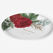 Elegante Goldkalligrafie Rote Blumenhochzeit Pappteller (Schrägansicht)