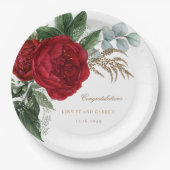 Elegante Goldkalligrafie Rote Blumenhochzeit Pappteller (Vorderseite)