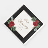 Elegante Goldkalligrafie Rote Blumenhochzeit Serviette (Ecke)