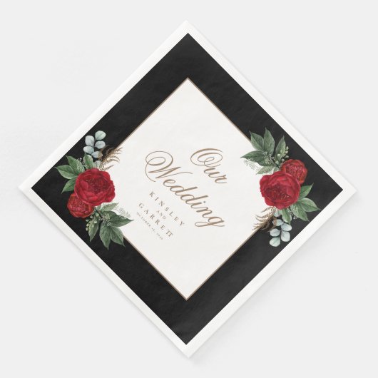 Elegante Goldkalligrafie Rote Blumenhochzeit Serviette (Ecke)