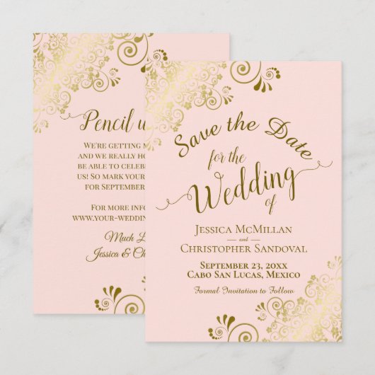 Elegante Goldkalligraphie auf Blush Pink Hochzeit Save The Date (Vorne/Hinten)