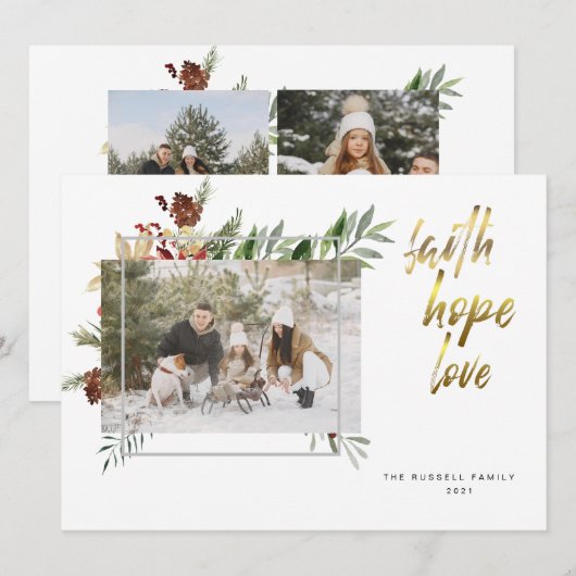 Elegante Goldkalligraphie Drei Foto Weihnachten (Vorne/Hinten)