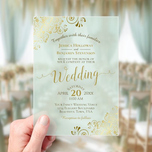 Elegante Goldkalligraphie Mint Green Wedding Acryleinladungen