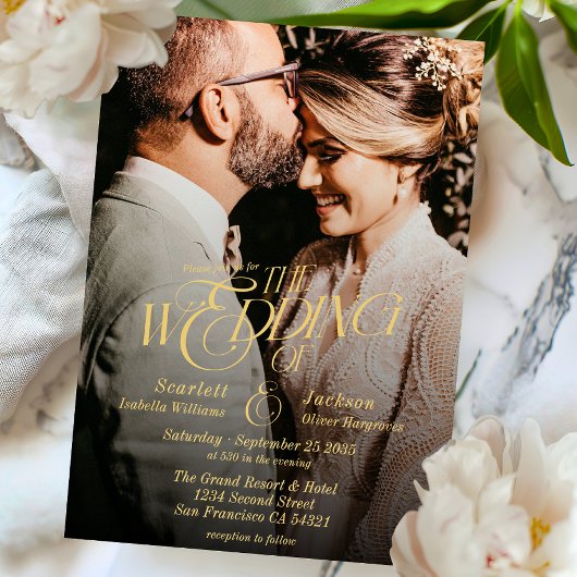 Elegante Goldkalligraphie Moderne Foto Hochzeit Einladung