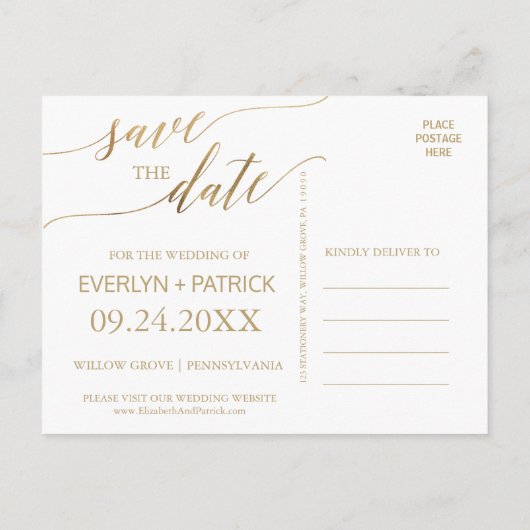 Elegante Goldkalligraphie Save the Date Ankündigungspostkarte (Rückseite)