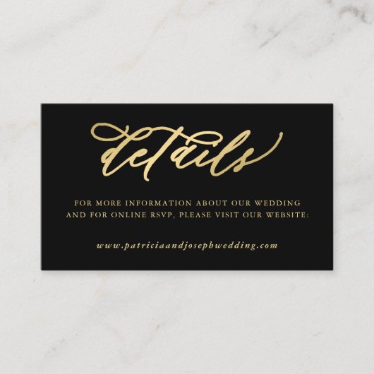 Elegante Goldkalligraphie, schwarze Hochzeitsdetai Begleitkarte (Vorderseite)