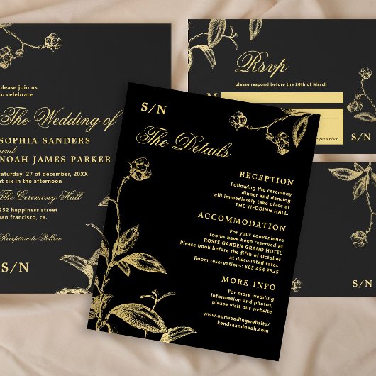 Elegante Goldkalligraphie, schwarze Hochzeitsdetai Begleitkarte