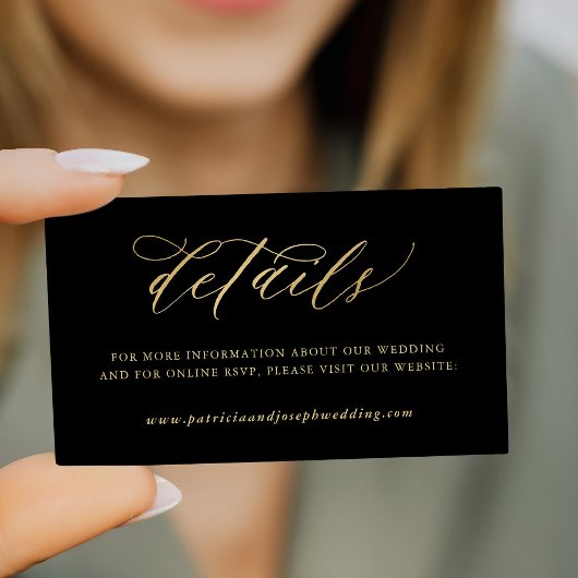 Elegante Goldkalligraphie, schwarze Hochzeitsdetai Begleitkarte