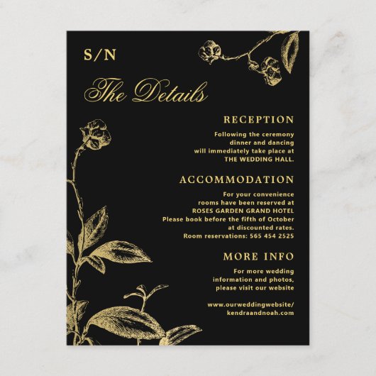 Elegante Goldkalligraphie, schwarze Hochzeitsdetai Begleitkarte (Vorderseite)