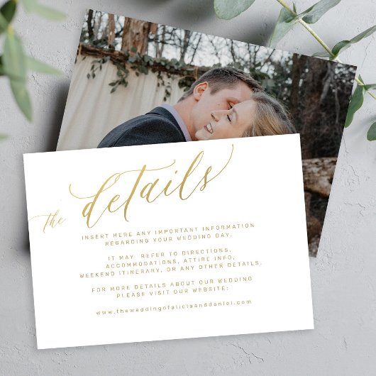 Elegante Goldkalligraphie-Skripte Hochzeitsdetails Begleitkarte