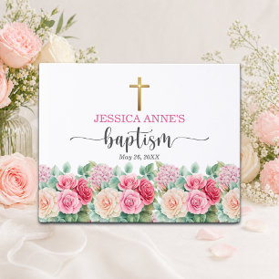 Elegante Goldkreuz-Rosen-Blumentaufe Gästebuch