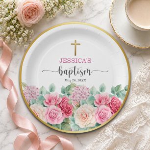 Elegante Goldkreuz-Rosen Florale Taufe Pappteller