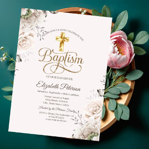 Elegante Goldkreuz-Rosen Pink Taufe Einladung