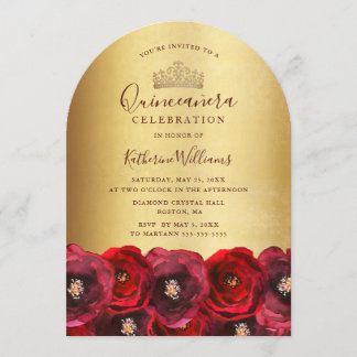 Elegante Goldkrone Rote Rose Florale Quinceañera  Einladung