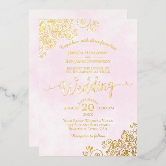 Elegante Goldlace auf Extravaganter Hochzeit in he Folieneinladung (Vorderseite/Rückseite)